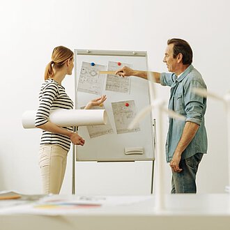 Frau und Mann vor einer Flip-Chart im Business-Kontext